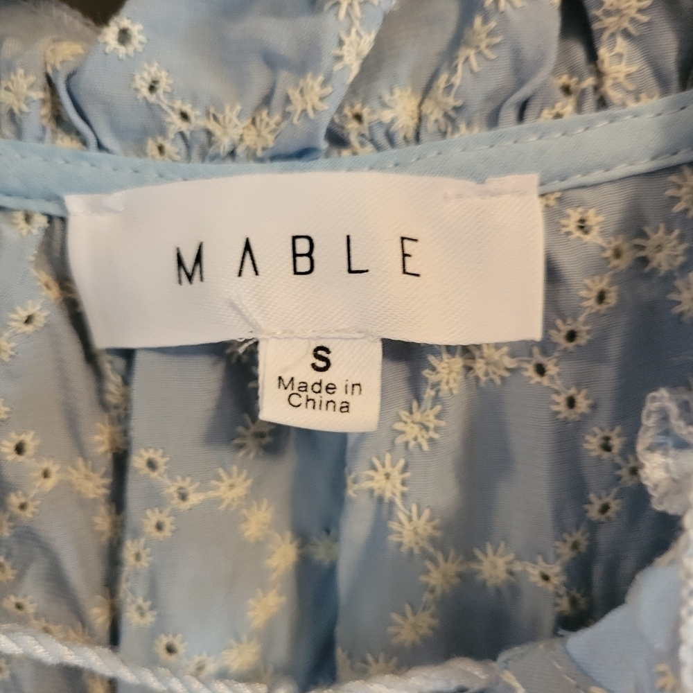 Mabel Blue White Eyelet Puff Sleeve Ruffle Tiered Skirt Mini Dress - Picture 5 of 7